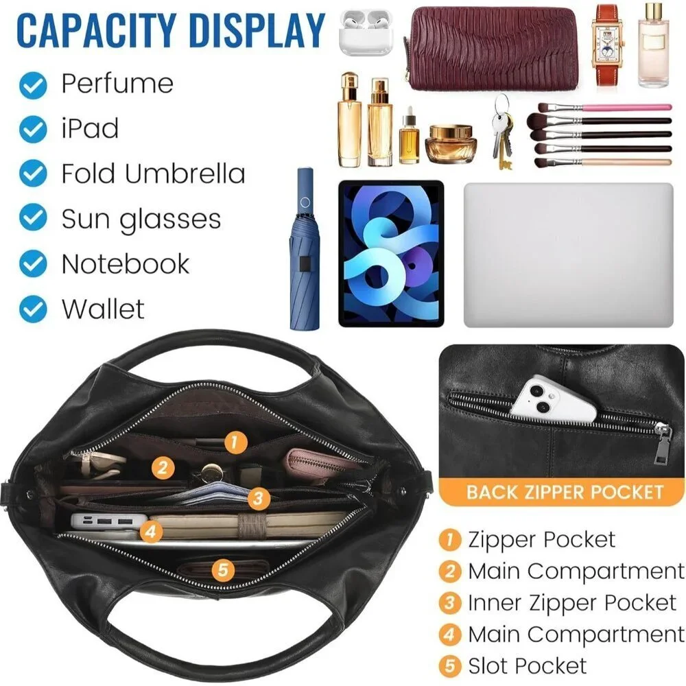Women's Black Vegan Leather Purse Detachable Satchel Strap Hobo Bags